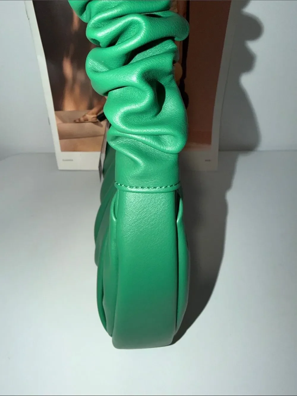 PLT Kelly Green Faux Leather Pleated Ruched Handle Mini Hobo Purse Bag